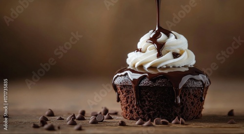 Delicious chocolate cake topped with cream and syrup on a white plate in a br...