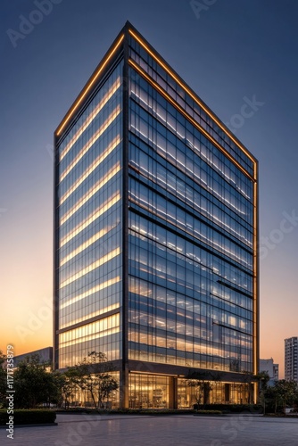 Modern office building reflects sunset glow in an urban landscape showcasing ...