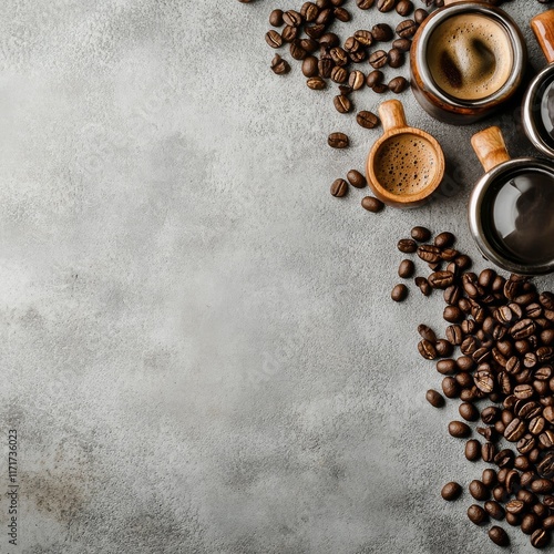Coffee beans and beverages arranged neatly on a textured surface showcasing r...