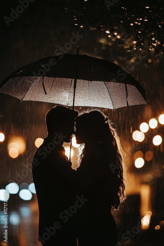 Romantic couple under an umbrella sharing a moment amidst sparkling lights