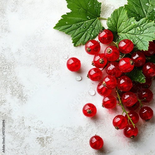 Fresh red currants with green leaves on a textured surface in a bright setting