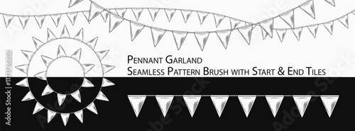Pattern seamless brush with festive garland with triangular pennants. Triangular flags on string. Black and white design element.