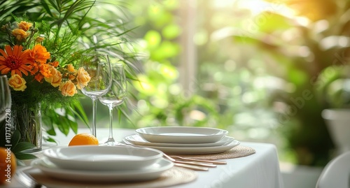 Elegant outdoor dining setup with floral accents and soft sunlight during gol...