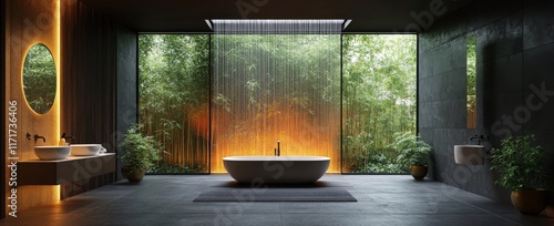 Modern spa interior with elegant design and tranquil waterfall in a lush gree...