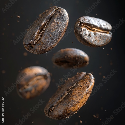Coffee beans floating in mid-air showcasing rich textures and colors