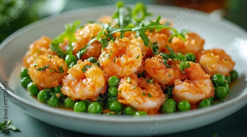 Savory shrimp dish with green peas and fresh herbs on a decorative plate