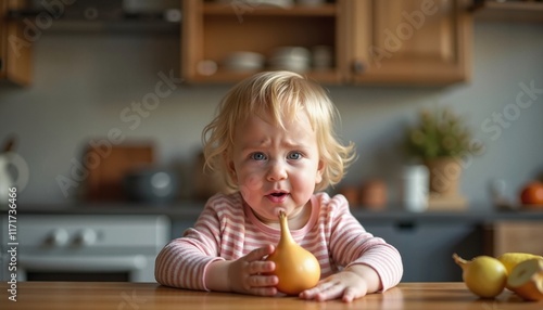 Adorable Toddler With Onion Making Funny Faces During Kitchen Prep, Highlighting Anosmia.