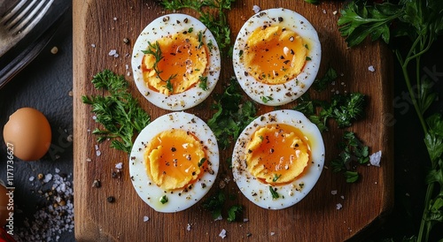 Deliciously cooked soft-boiled eggs served on a wooden platter with seasoning...