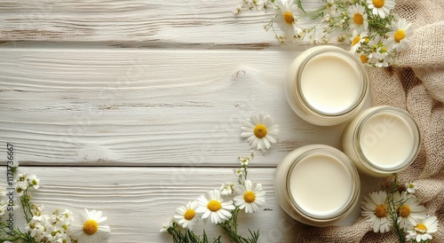 Natural beauty products displayed with fresh flowers on wooden surface during...