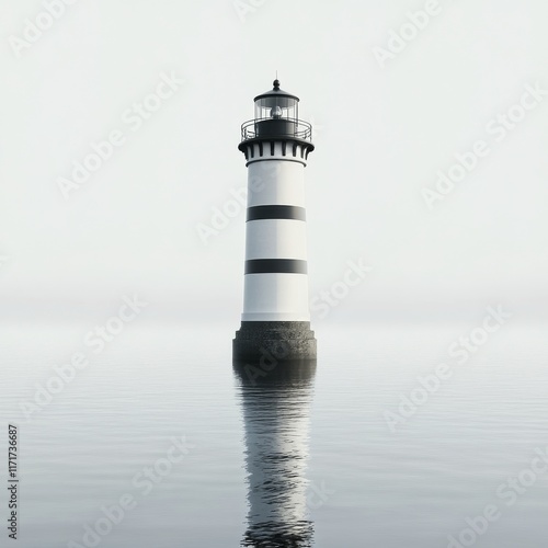 Lighthouse stands alone in foggy waters reflecting serenity and solitude at dawn