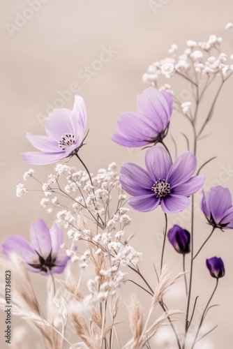 Beautiful arrangement of purple flowers with delicate white accents in soft b...