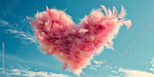 Fluffy Heart Made of Pink Feathers Floating Against a Clear Blue Sky: A Symbol of Love, Softness, and Romantic Serenity

 photo