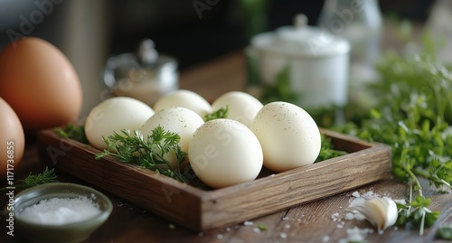 Freshly prepared eggs garnished with herbs on a wooden tray in a rustic kitch...