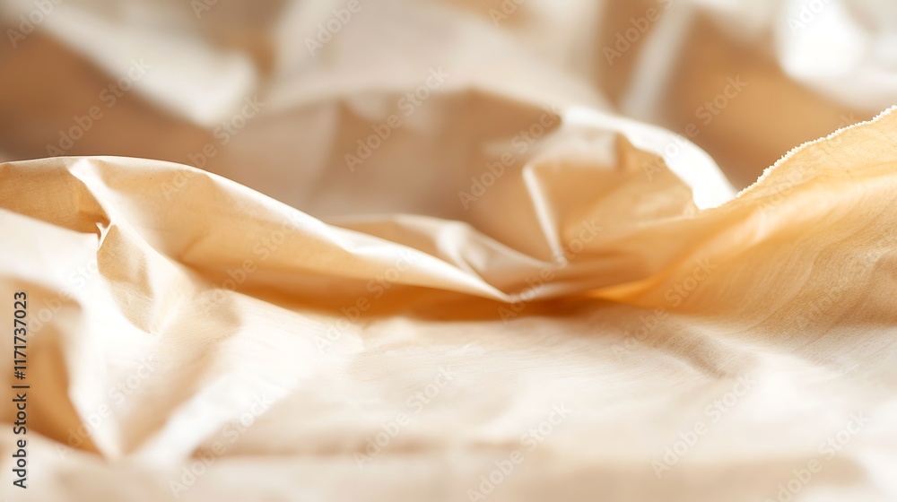 Abstract image of crumpled beige fabric with soft light and shadows.