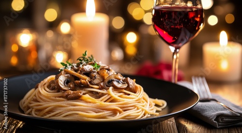 Delicious spaghetti with mushrooms served on a black plate beside a glass of ...