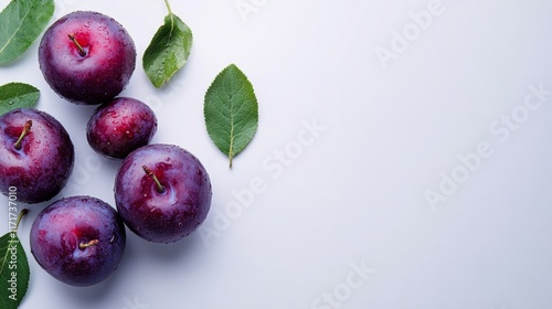 Fresh purple plums and green leaves arranged symmetrically on a light background photo