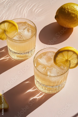 Refreshing lemon drinks with ice served on a stylish surface in afternoon light