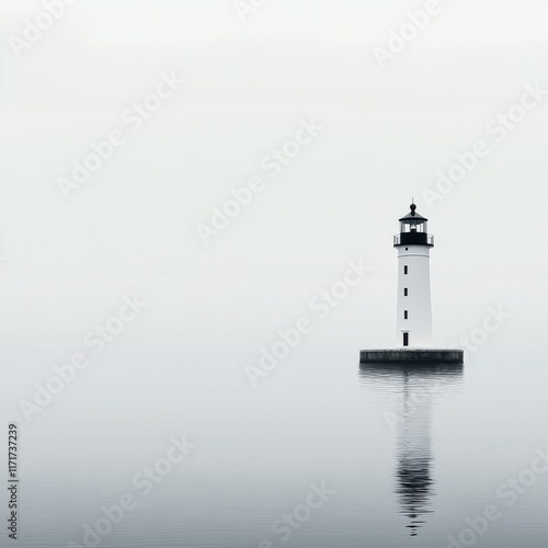 Lighthouse stands alone in foggy waters reflecting serenity and solitude at dawn