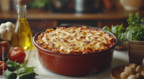 Delicious baked pasta dish prepared in a red skillet with fresh ingredients i...