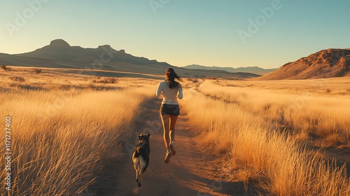 Woman and Dog Run Through Golden Grassland at Sunset
