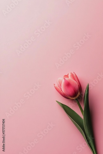 Elegant pink tulip placed on soft pink background, showcasing delicate petals...