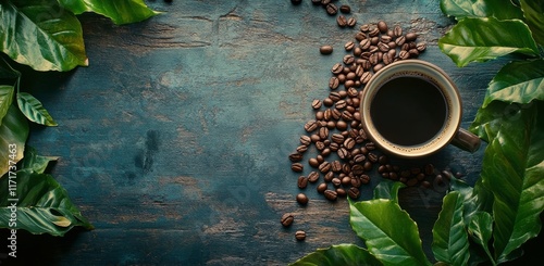 Coffee beans scattered around a mug on a rustic wooden surface with green lea...