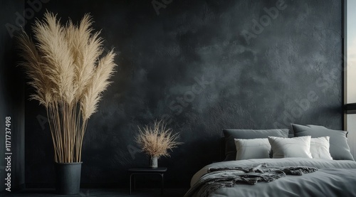Cozy, modern bedroom with neutral tones and pampas grass by the window
