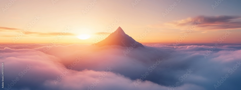 A mystical image of a remote mountain peak piercing through a sea of clouds at sunrise, Mountain scene, Ethereal style A mystical image of a remote mountain peak piercing through a sea of clouds at sunrise, Mountain scene, Ethereal style