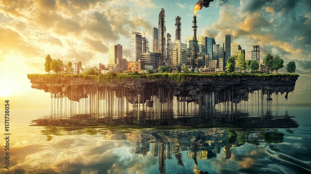 Fototapeta premium Floating city, industrial complex, sunset reflection.