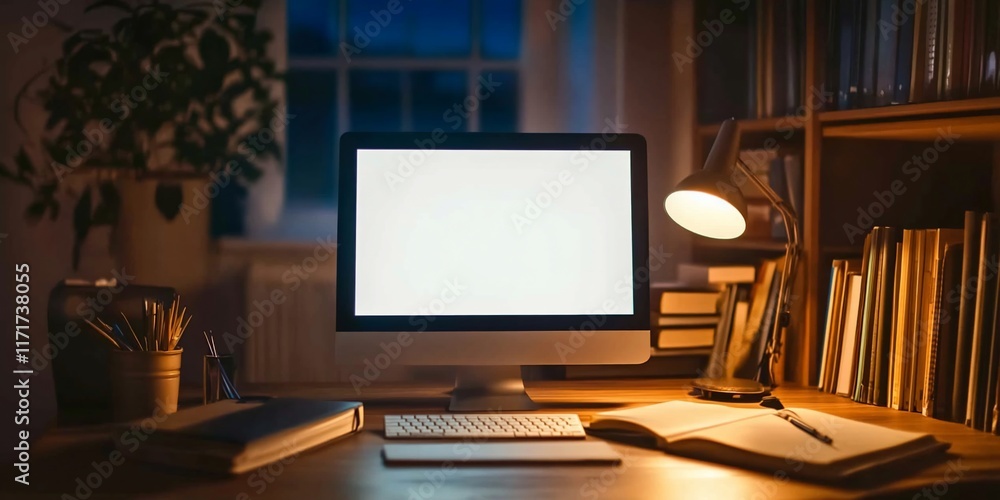 Night home office desk with computer, books, and lamp. Night home office desk with computer, books, and lamp.