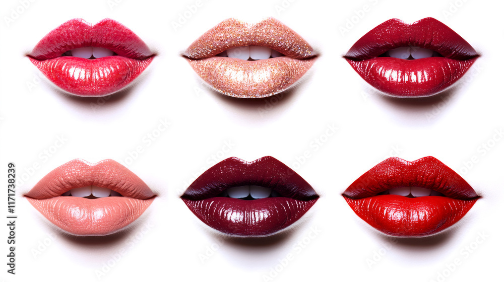 Obraz premium Lipstick palette showcasing vibrant red, pink, and nude hues painting sensual female lips, epitomizing romantic Valentine's beauty