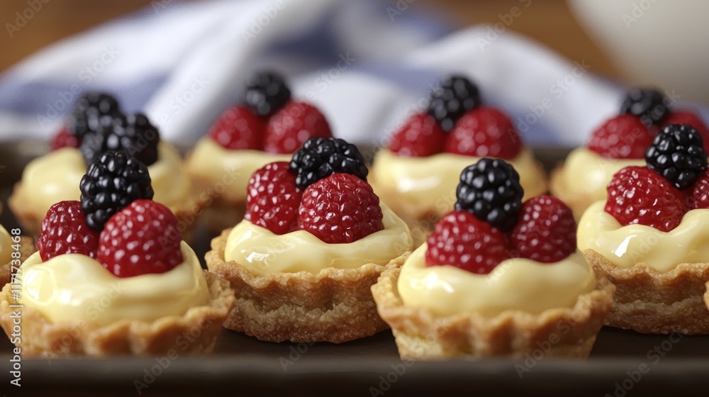 Delicious mini tarts topped with berries and creamy filling. Delicious mini tarts topped with berries and creamy filling.