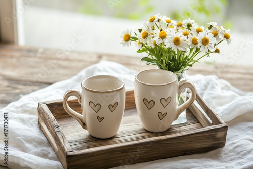Wallpaper Mural Cozy morning with heart-patterned mugs and daisies on wooden tray Torontodigital.ca