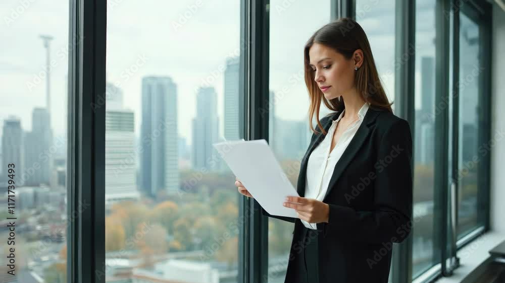 Professional woman in a modern office, standing confidently by a large window with city views, holding and reviewing documents. Woman in a business suit is reading a piece of paper Professional woman in a modern office, standing confidently by a large window with city views, holding and reviewing documents. Woman in a business suit is reading a piece of paper