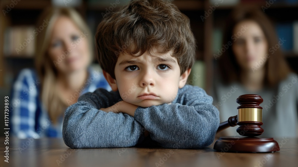 Cute child and mother at table with gavel of judge blurred in background, family law concept Cute child and mother at table with gavel of judge blurred in background, family law concept