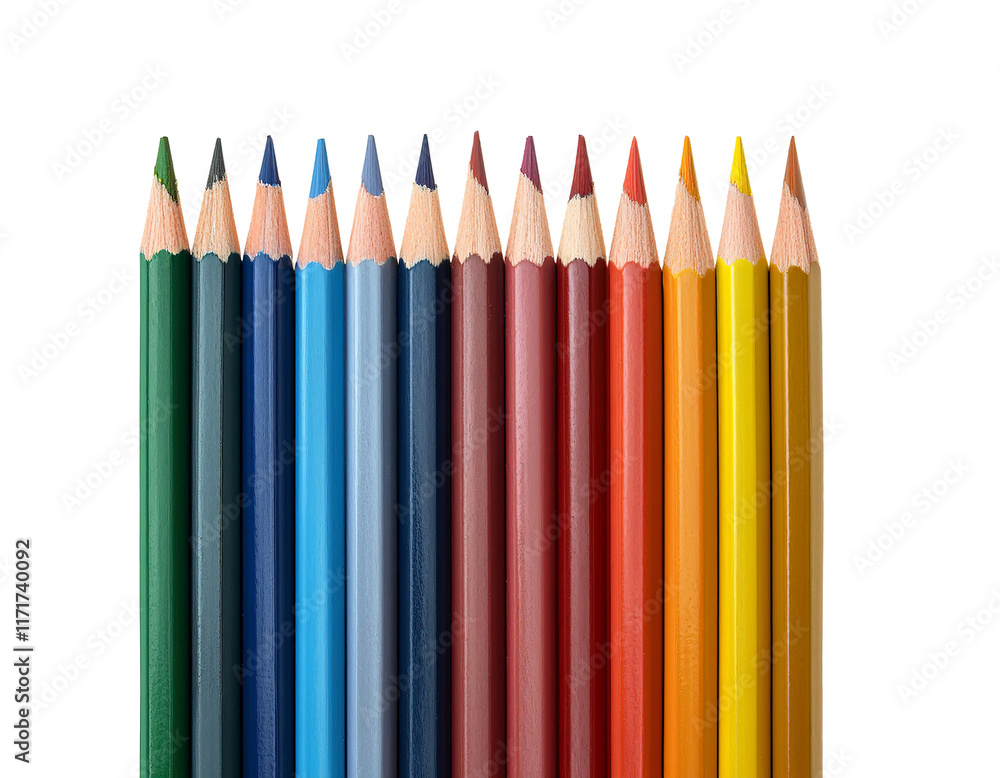 Vibrant colored pencils neatly arranged in a row, sharp tips, isolated on white background Vibrant colored pencils neatly arranged in a row, sharp tips, isolated on white background