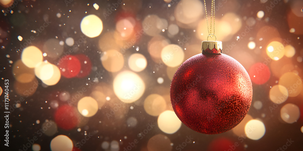Red Christmas Ornament Hanging with Warm Bokeh Lights Red Christmas Ornament Hanging with Warm Bokeh Lights