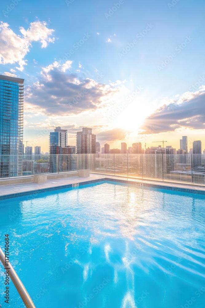 Naklejka premium Vibrant rooftop pool with stunning city views at sunset showcasing luxury apartment amenities for residents
