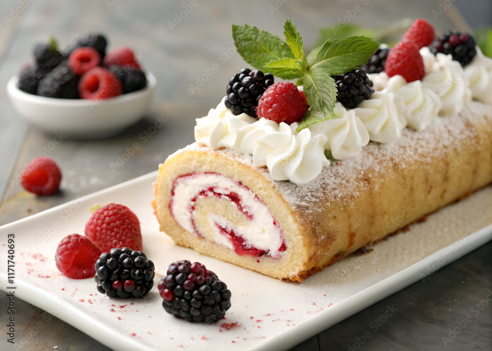 delicious looking dessert roll with whipped cream and fresh berries on top. It is placed on a white surface with a bowl of more berries and mint leaves in the background. delicious looking dessert roll with whipped cream and fresh berries on top. It is placed on a white surface with a bowl of more berries and mint leaves in the background.