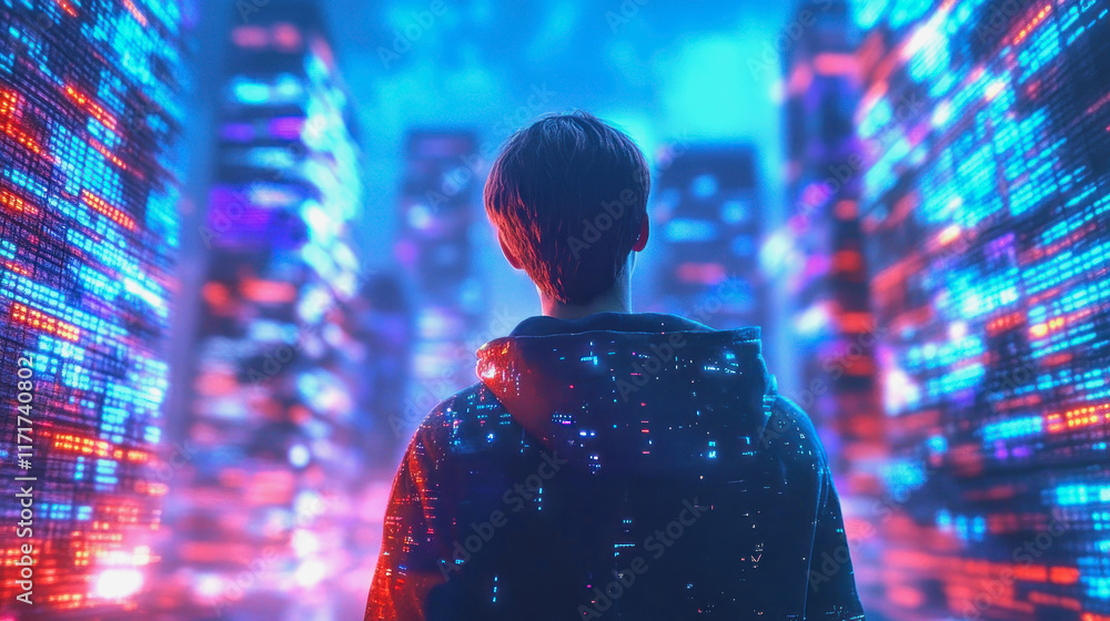 Boy stands captivated by glowing buildings in a futuristic city at night Boy stands captivated by glowing buildings in a futuristic city at night