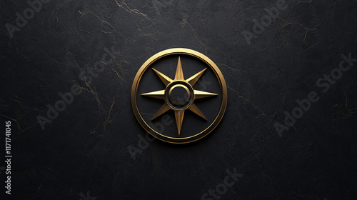A golden compass emblem with eight points set against a dark textured background radiating elegance and mystery
