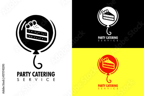 illustration of a balloon with a pastry and curvy lines, party catering logo, icon, party decoration, menu, cuisines, wedding caterer, causal catering, business, restaurant, vectors