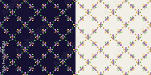 Mardi gras geometric patterns on white, black. Diagonal classic square grid made with colorful Fleur de lis symbol and beads. Vintage style illustration