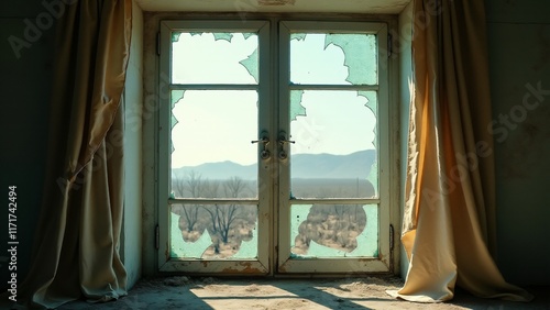 A shattered window with frayed curtains, peeling paint, and soft light streaming through broken glass. A desolate view evokes abandonment, fragility, and timeless beauty.