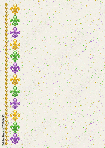 Vertical rectangular layout made with left border with Fleur de Lis sign, yellow beads. For Mardi Gras decoration in vintage style. Textured white background. Template for menu, poster, invitation