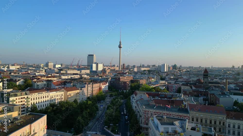 senefelderplatz construction site, tv tower. Amazing aerial view flight drone senefelderplatz construction site, tv tower. Amazing aerial view flight drone