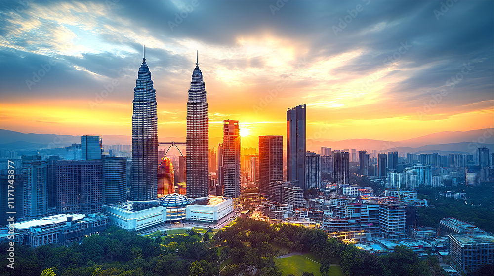 Obraz premium Sunset in modern asian capital city as Kuala Lumpur. Drone camera fly above futuristic skyscrapers of financial and business area.