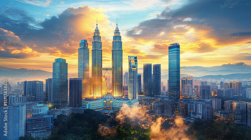 Fototapeta premium Sunset in modern asian capital city as Kuala Lumpur. Drone camera fly above futuristic skyscrapers of financial and business area.