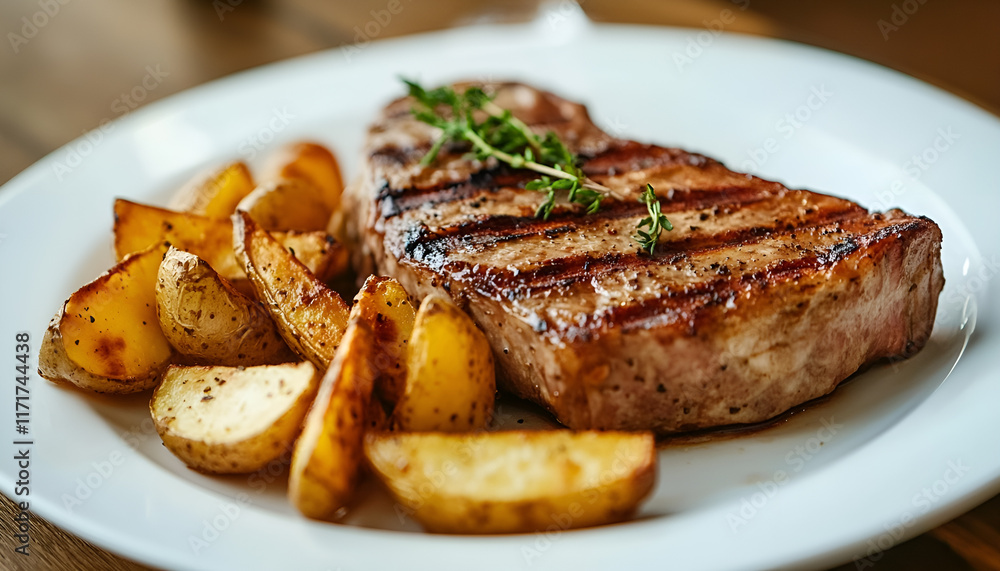 Close up Gourmet Main Dish with Grilled Pork Rib and Fried Potatoes on White Plate. Served on Wooden Table Close up Gourmet Main Dish with Grilled Pork Rib and Fried Potatoes on White Plate. Served on Wooden Table
