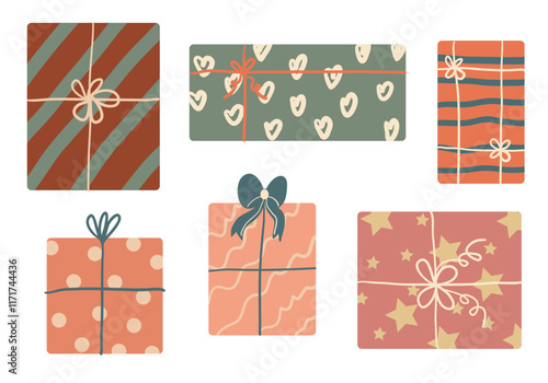 set of retro gift packages with bows, perfect for website banners, sales promotions, Valentine's cards, covers, flyers, or posters
